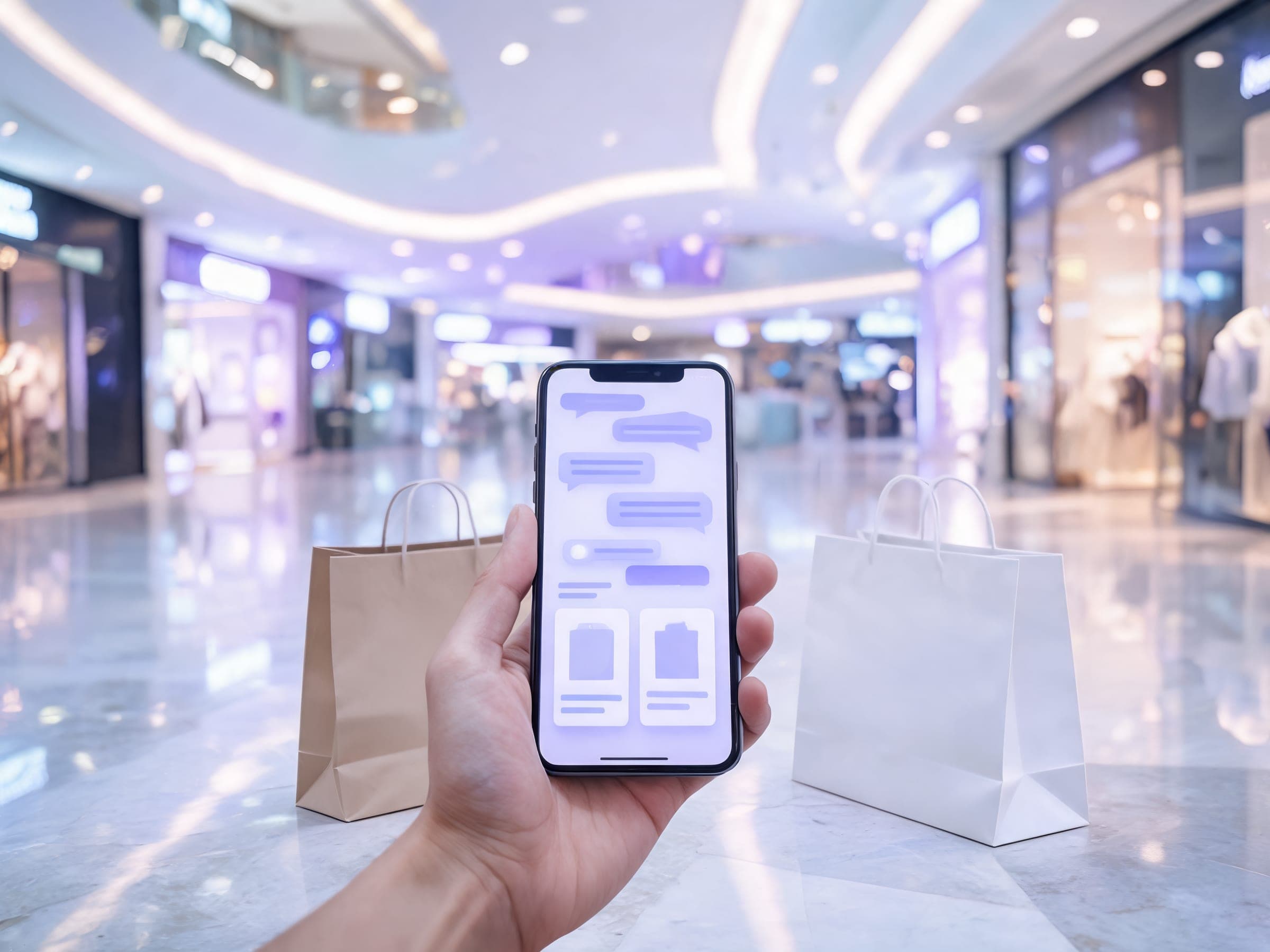 A hand holding a phone with a shopping chat open in a Dubai mall, shopping bags behind it