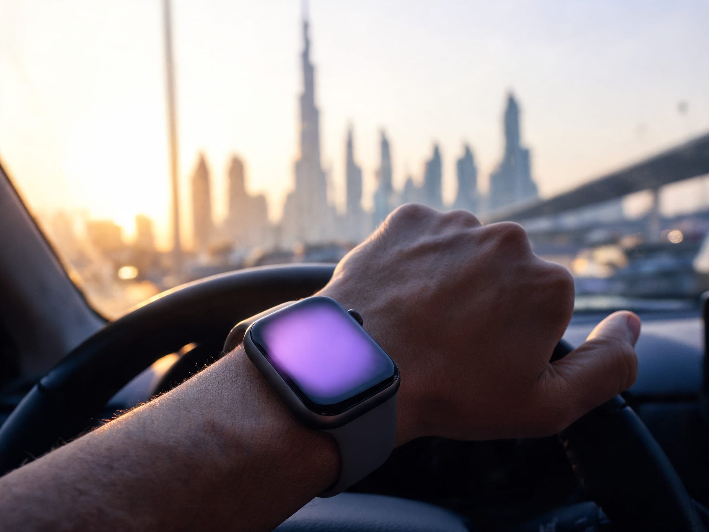 A smartwatch lit up on a driver’s wrist at the wheel, the Dubai skyline at sunset ahead