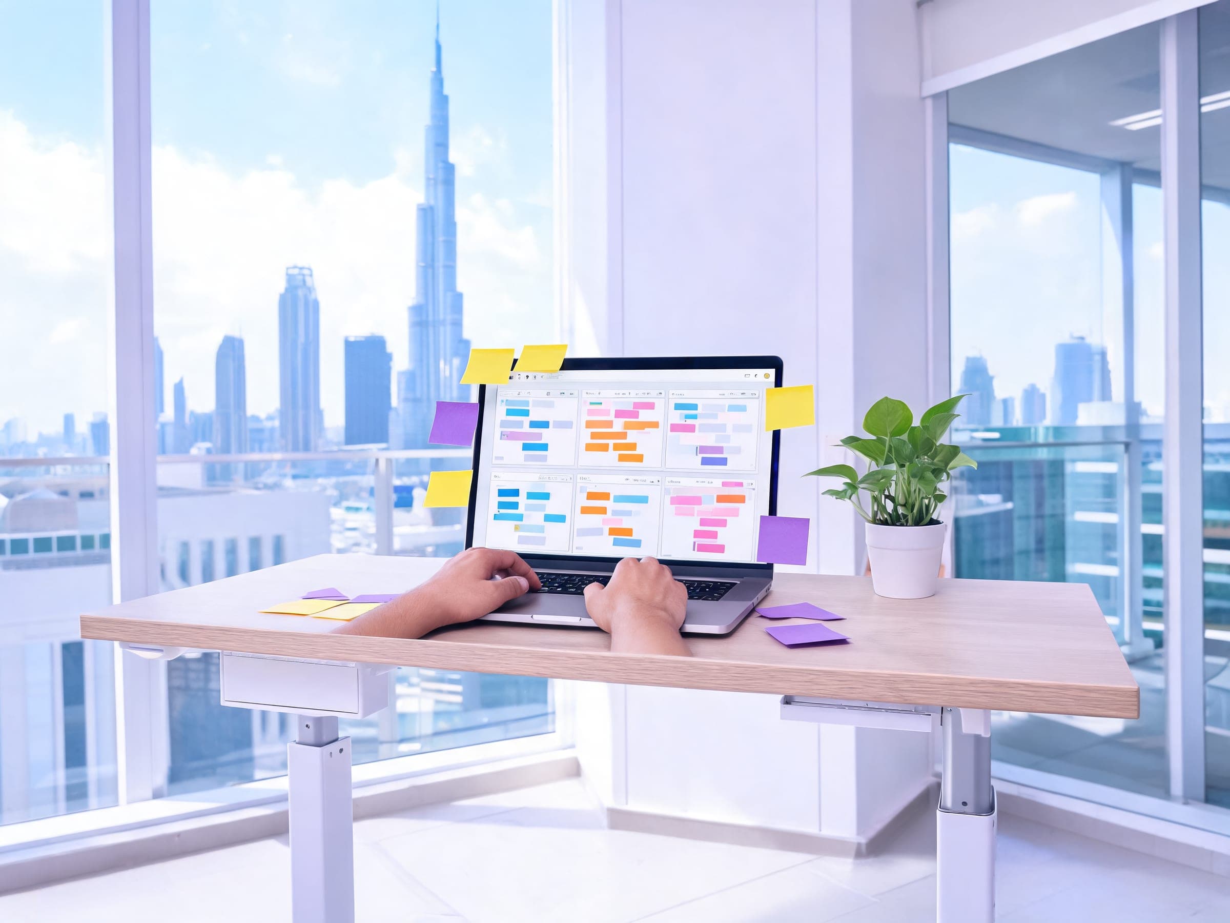 Hands typing on a laptop that shows a sales pipeline board, in an office overlooking the Dubai skyline