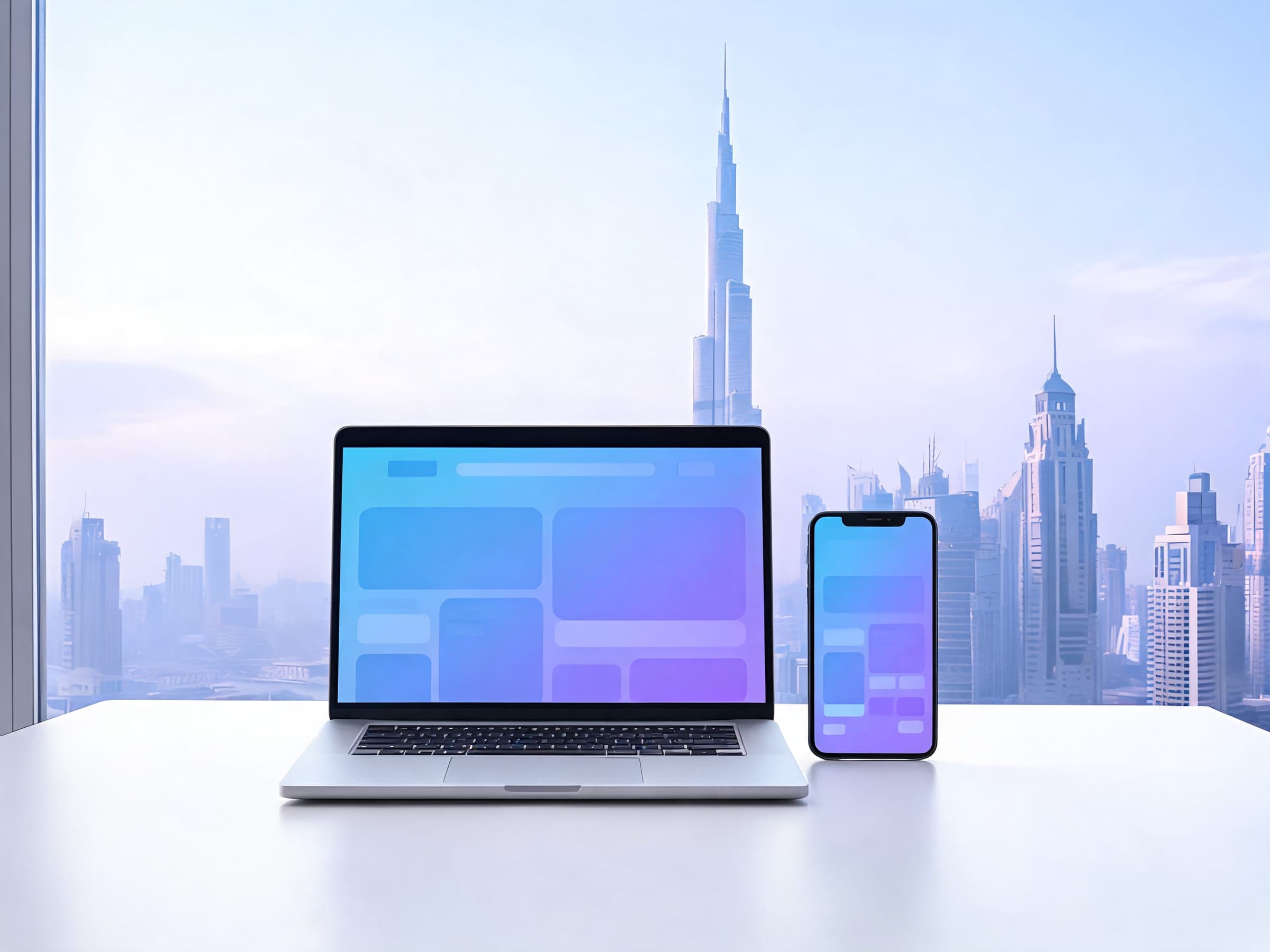 A laptop and a phone showing the same website on a white desk, the Dubai skyline behind them