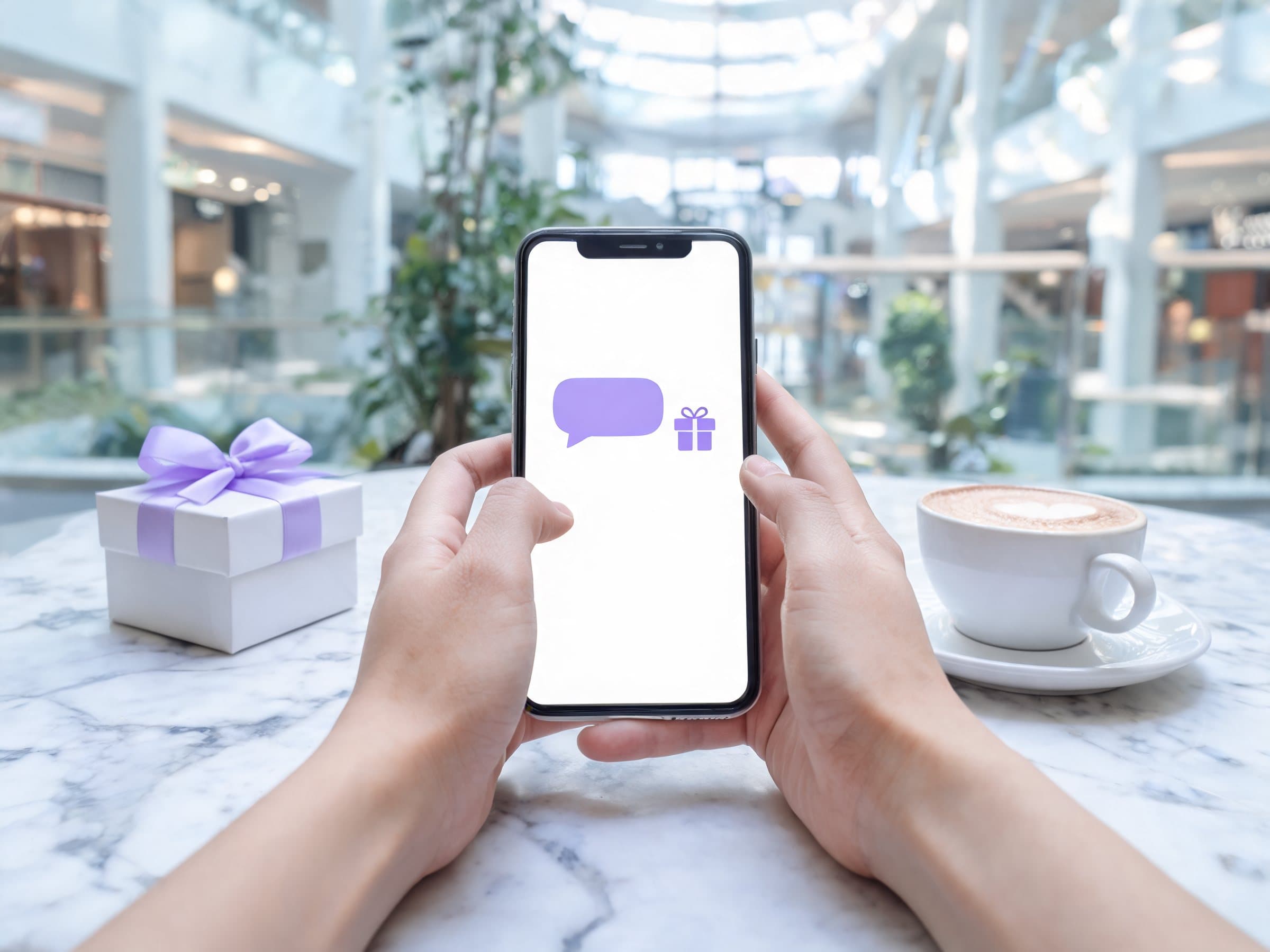 Hands holding a phone with an offer message, beside a gift box with a lavender ribbon and a coffee, in a Dubai mall café