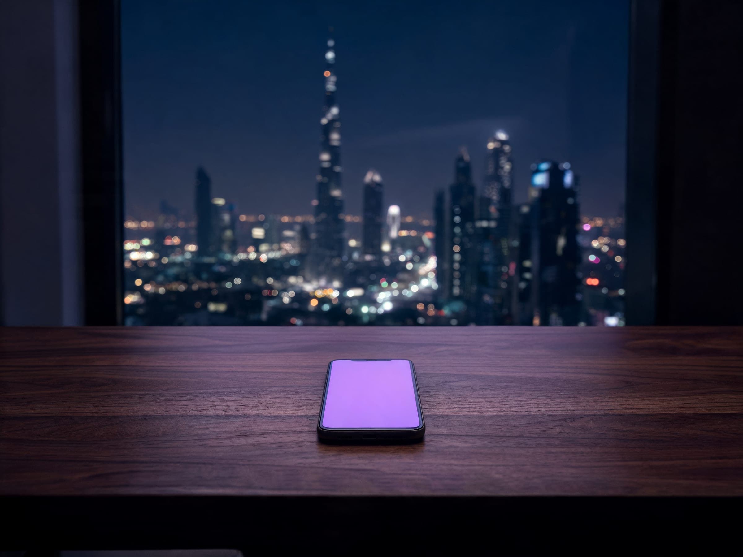 A phone lit up on a desk at night, the Dubai skyline and the Burj Khalifa behind it