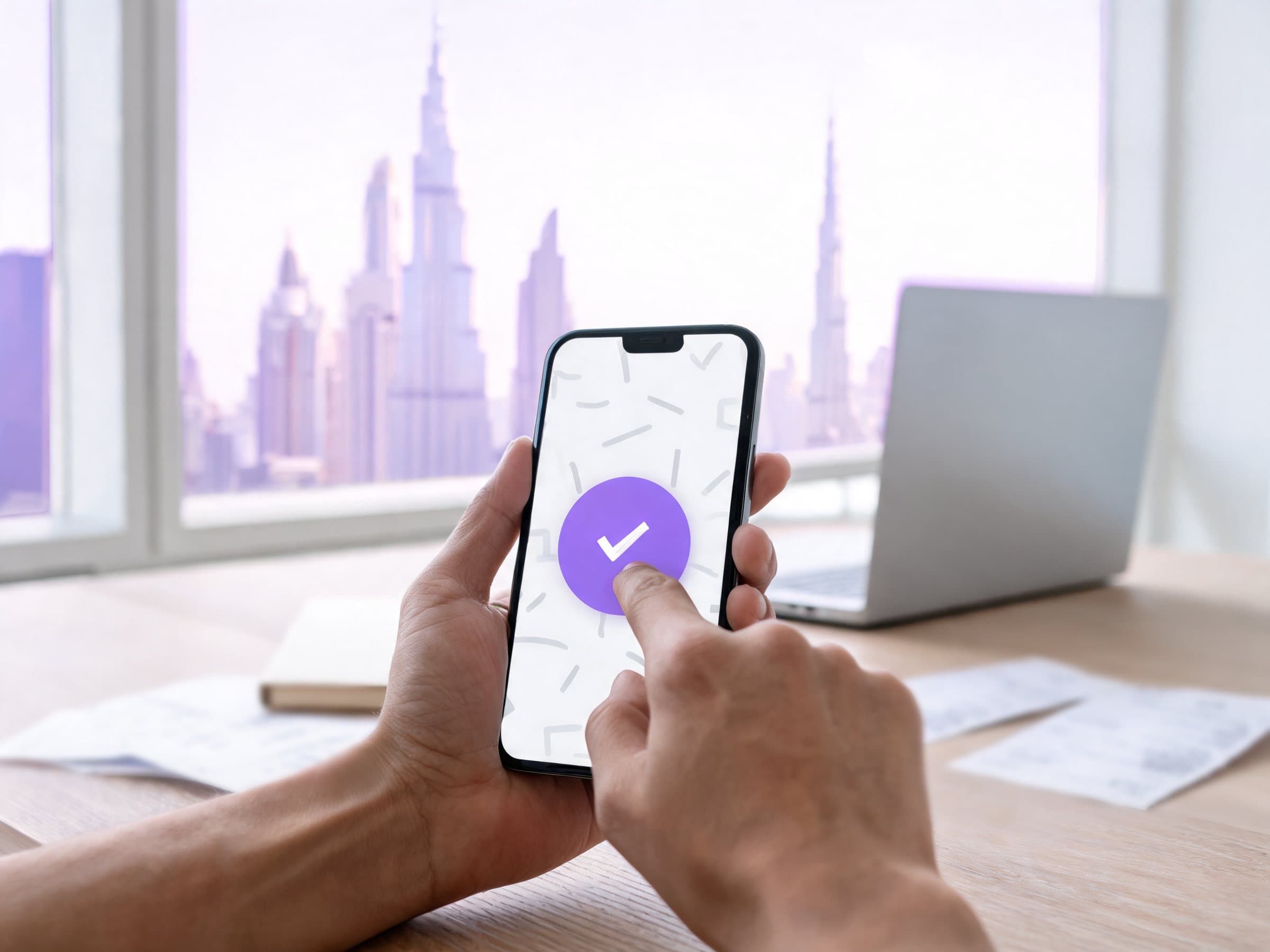 A finger taps the approve tick on a phone over receipts and a laptop, in a Dubai co-working space facing Downtown