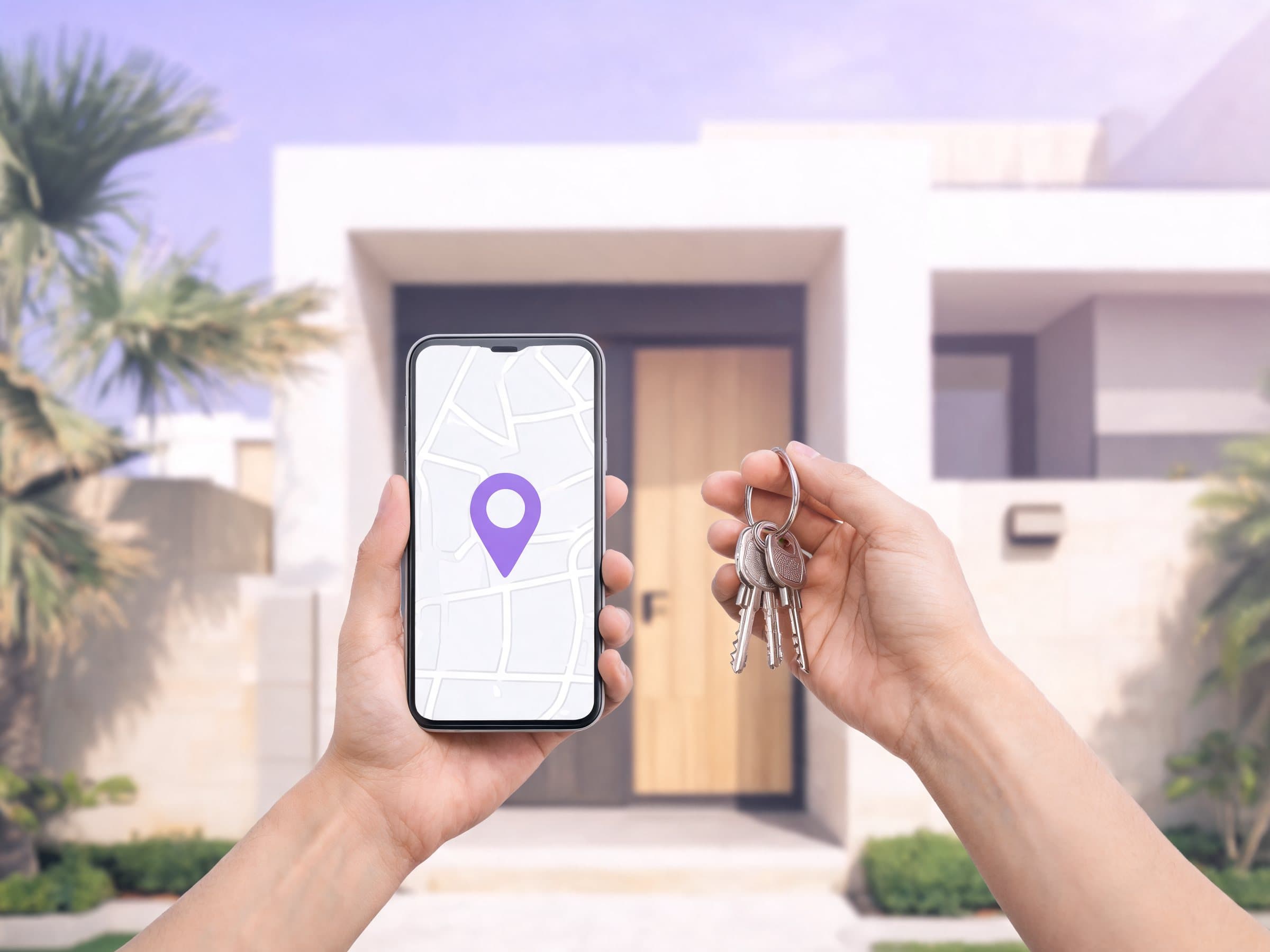 One hand holds a phone map with a location pin, the other a set of keys, at a modern villa’s door in Dubai Hills